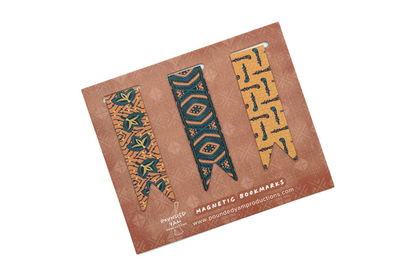 Pounded Yam Productions - African Print Magnetic Bookmark Set - (Walking Sticks, Diamonds, Fans)