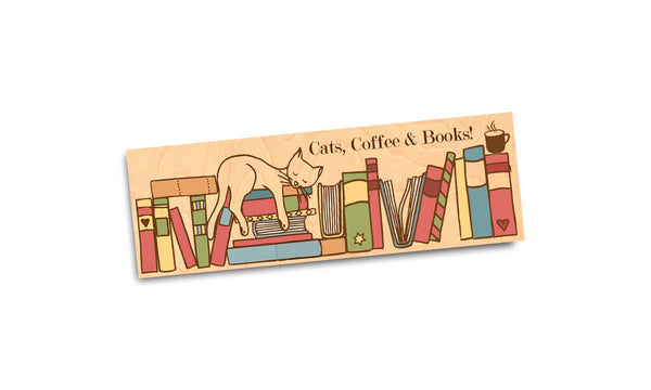 Fly Paper Products - Cats, Coffee & Books Wood Bookmark